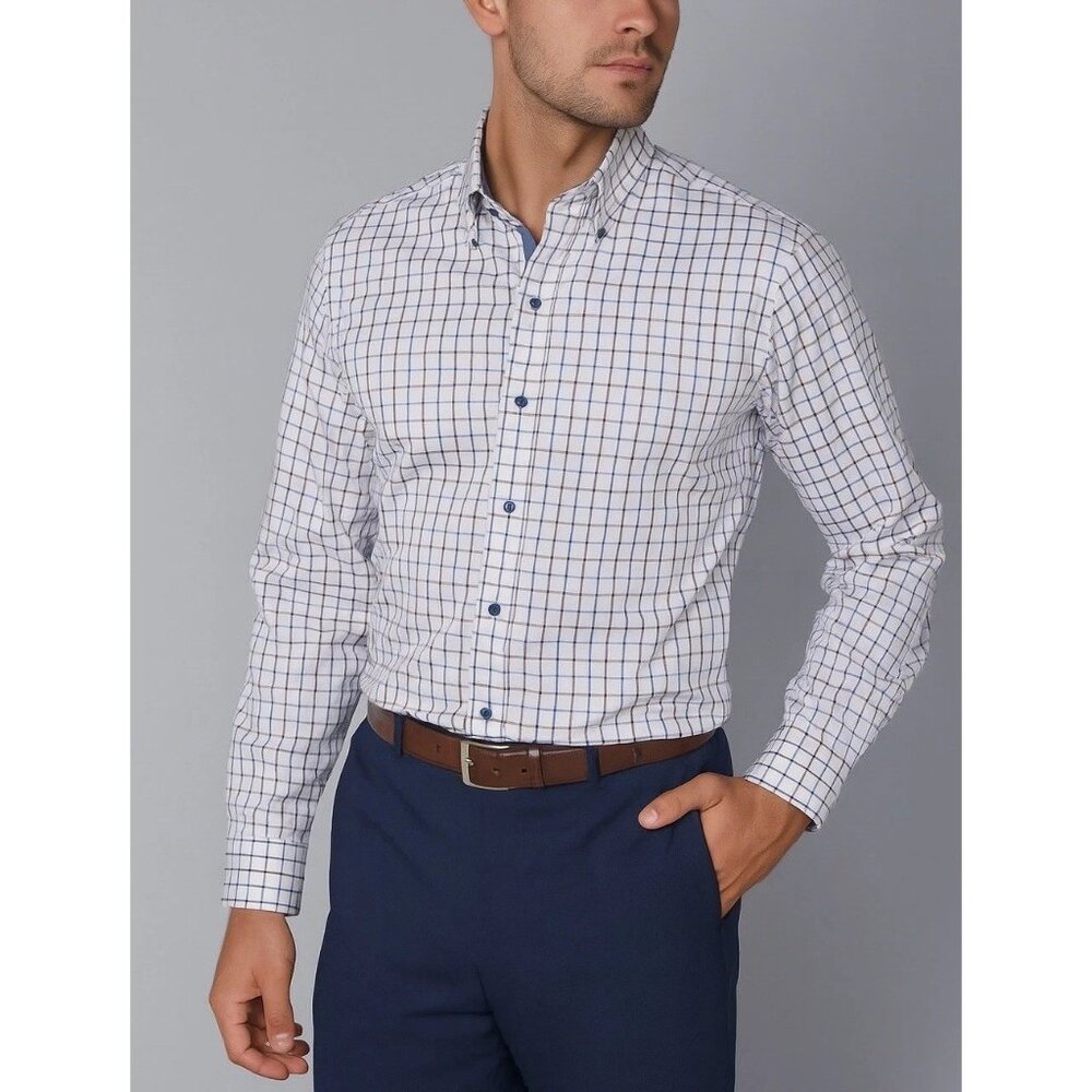 Paul Frederick Dress Shirt Mens 15.5 34 Trim Fit White Blue Square Plaid